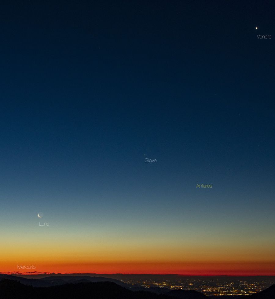 Congiunzione Venere, Giove, Mercurio con la Luna e Antares