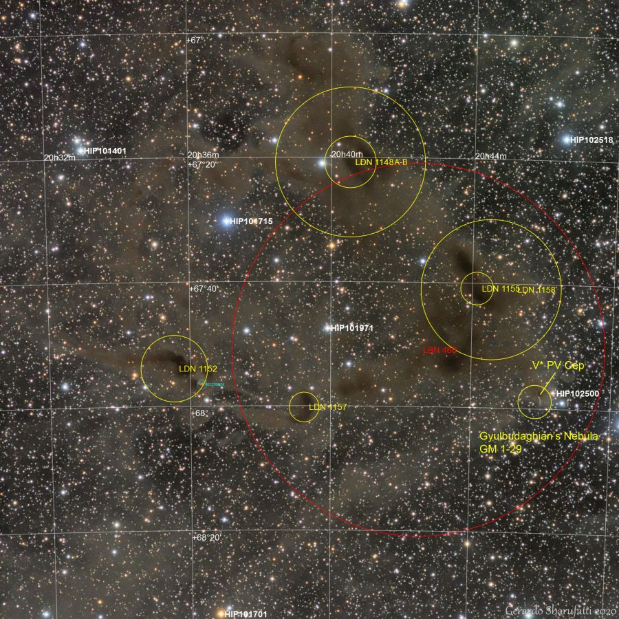 LBN 468 nubi di polveri in Cefeo immagine annotata