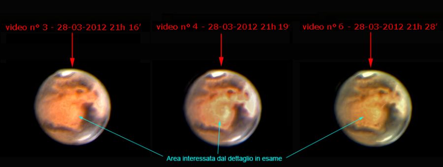 Marte con un presumibile fenomeno luminoso o banchi nuvolosi sulla regione Arabia Terra