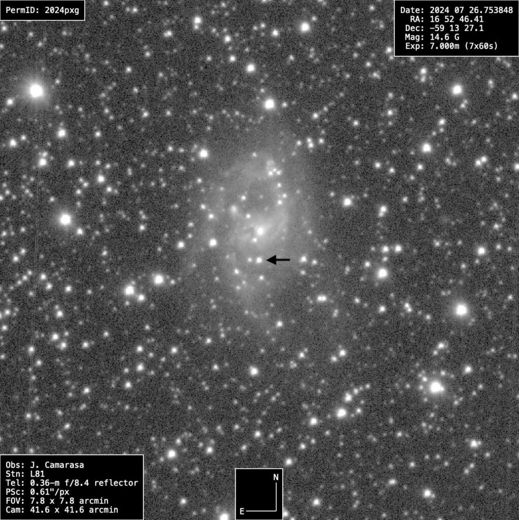 Immagine della SN2024pxg in NGC6221 ottenuta dall’astrofilo spagnolo Jordi Camarasa con un riflettore da 360mm F.8,4 somma di 7 immagini da 60 secondi.