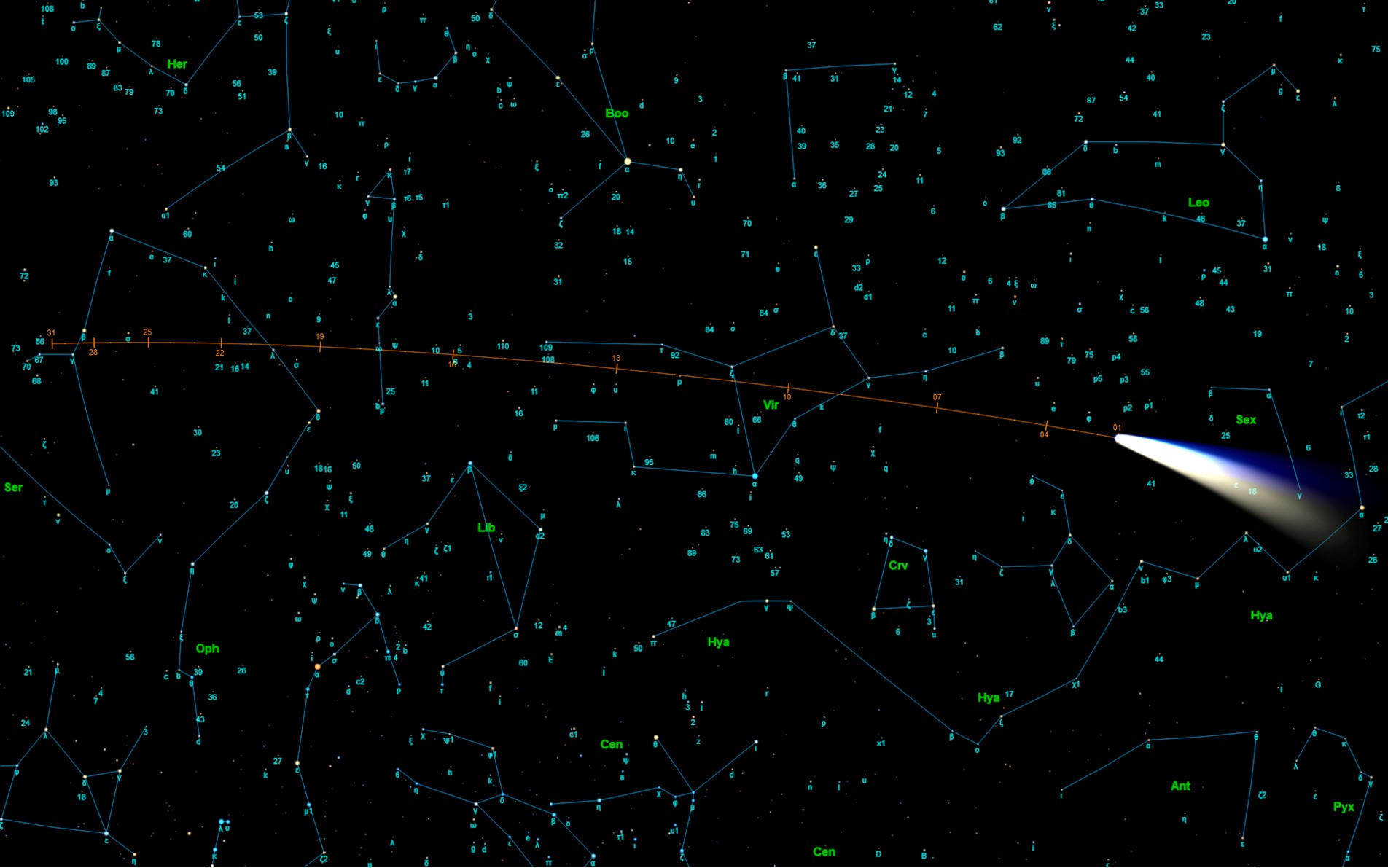 La cartina riporta il percorso della C/2023 A3 Tsuchinshan-ATLAS in ottobre. Le stelle più deboli sono di magnitudine 6.