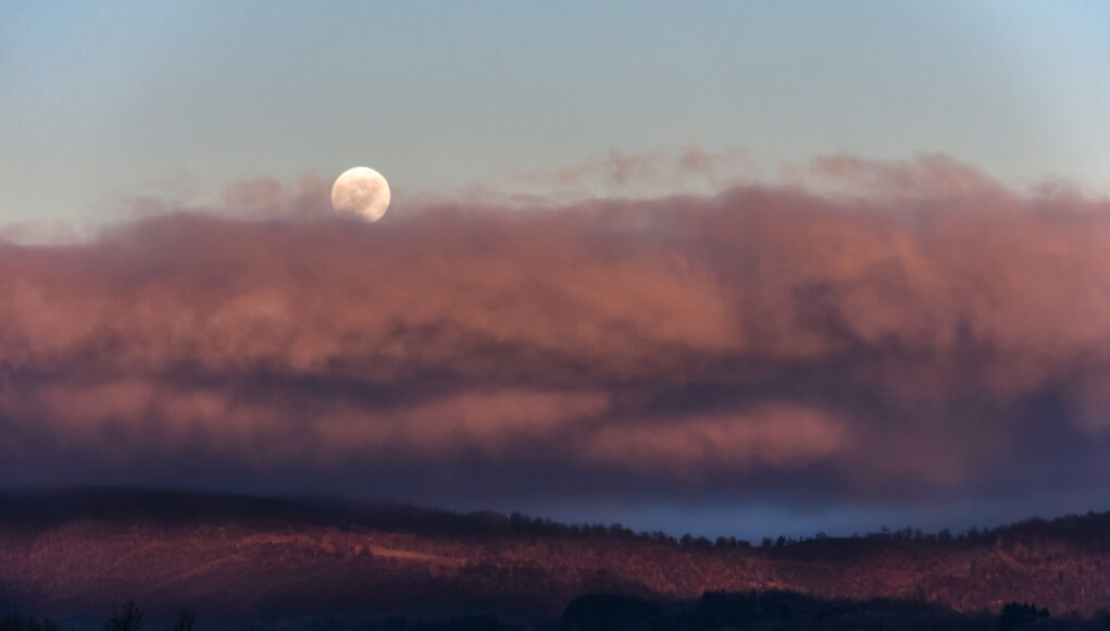 Osservazione Diurna. Luna piena che sorge tra le nuvole rosa 26 dicembre 2023 ore 16:30 Sila piccola, Calabria Nikon D7500 f /9 1/320s ISO 200 obiettivo 70-300 mm treppiedi Manfrotto. Credito Teresa Molinaro