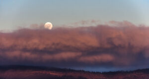 Osservazione Diurna. Luna piena che sorge tra le nuvole rosa 26 dicembre 2023 ore 16:30 Sila piccola, Calabria Nikon D7500 f /9 1/320s ISO 200 obiettivo 70-300 mm treppiedi Manfrotto. Credito Teresa Molinaro