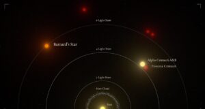 Rappresentazione grafica delle distanze relative tra le stelle più vicine e il Sole. La stella di Barnard è il secondo sistema stellare più vicino al Sole e la stella singola più vicina a noi.