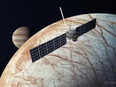 Immagine di fantasia delle Sona Europa Clipper nei pressi dell'omonimo satellite galileiano