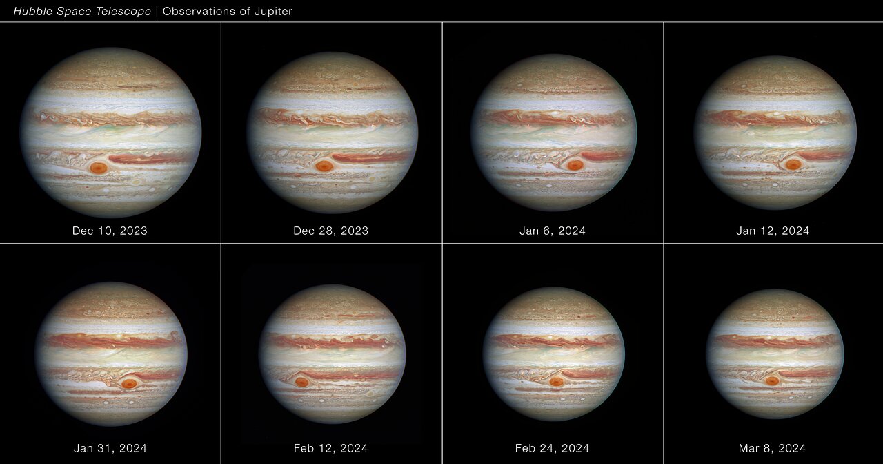 otto immagini del pianeta gigante Giove che abbracciano circa 90 giorni tra dicembre 2023 e marzo 2024. Il pianeta appare a strisce, con bande orizzontali di nuvole marroni e bianche. Queste strisce sono chiamate cinture (aria discendente) e fasce (aria ascendente). Le regioni polari appaiono più screziate.