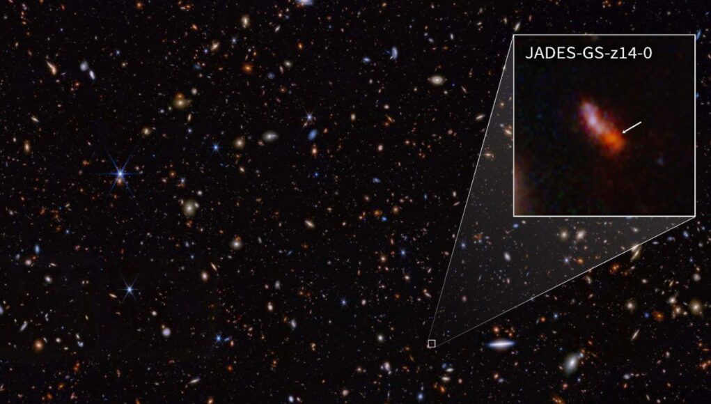 JADES-GS-z14-0 (mostrata nell'estrazione), è stata determinata a un redshift di 14,32 (+0,08/-0,20), il che la rende l'attuale detentrice del record per la galassia più distante conosciuta. Ciò corrisponde a un periodo inferiore a 300 milioni di anni dopo il big bang. Credito: NASA, ESA, CSA, STScI, B. Robertson (UC Santa Cruz), B. Johnson (CfA), S. Tacchella (Cambridge), P. Cargile (CfA).