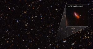 JADES-GS-z14-0 (mostrata nell'estrazione), è stata determinata a un redshift di 14,32 (+0,08/-0,20), il che la rende l'attuale detentrice del record per la galassia più distante conosciuta. Ciò corrisponde a un periodo inferiore a 300 milioni di anni dopo il big bang. Credito: NASA, ESA, CSA, STScI, B. Robertson (UC Santa Cruz), B. Johnson (CfA), S. Tacchella (Cambridge), P. Cargile (CfA).